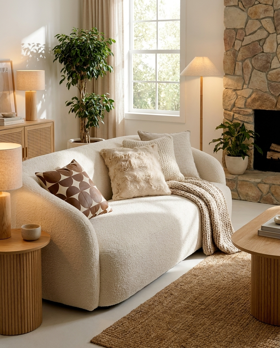 Mira Faux Fur Pillow in Sahara Dune, styled on a white sofa near a stone fireplace