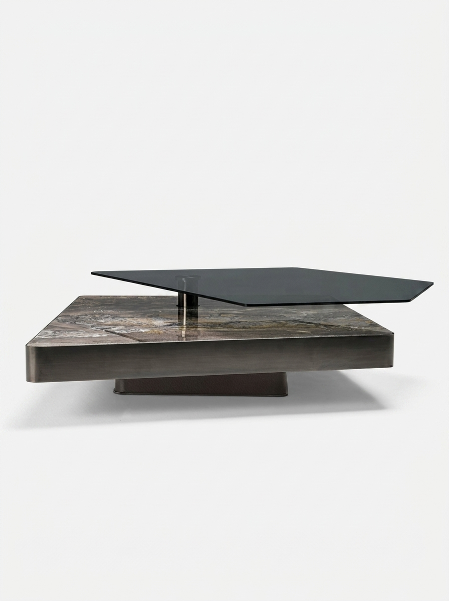Mjoln Coffee Table, coffee table with smoked glass top and gunmetal steel base