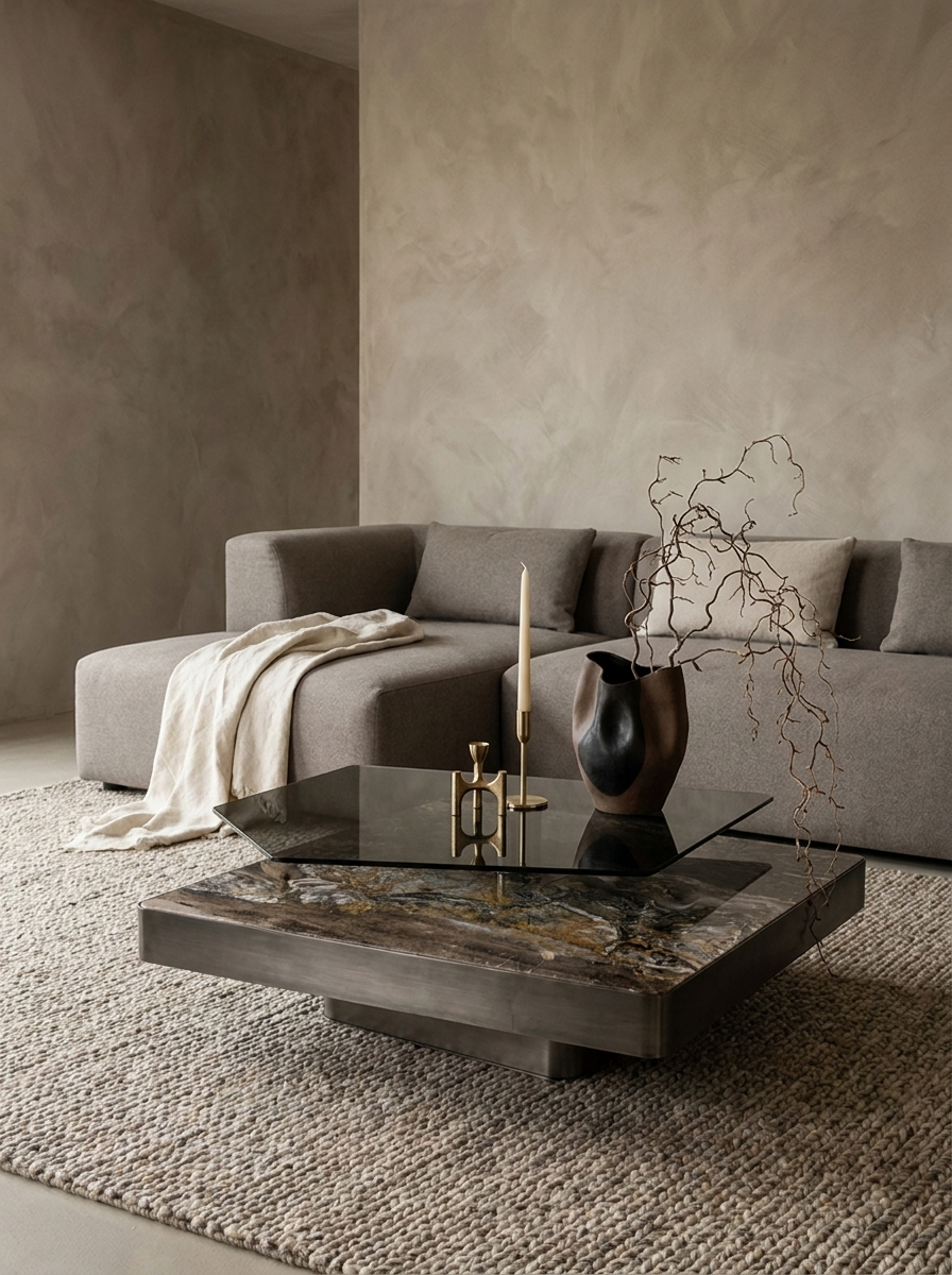 Mjoln Coffee Table, reconstructed marble and smoked glass, front view
