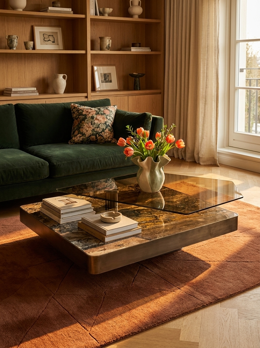 Mjoln Coffee Table, smoked glass tabletop, close-up view