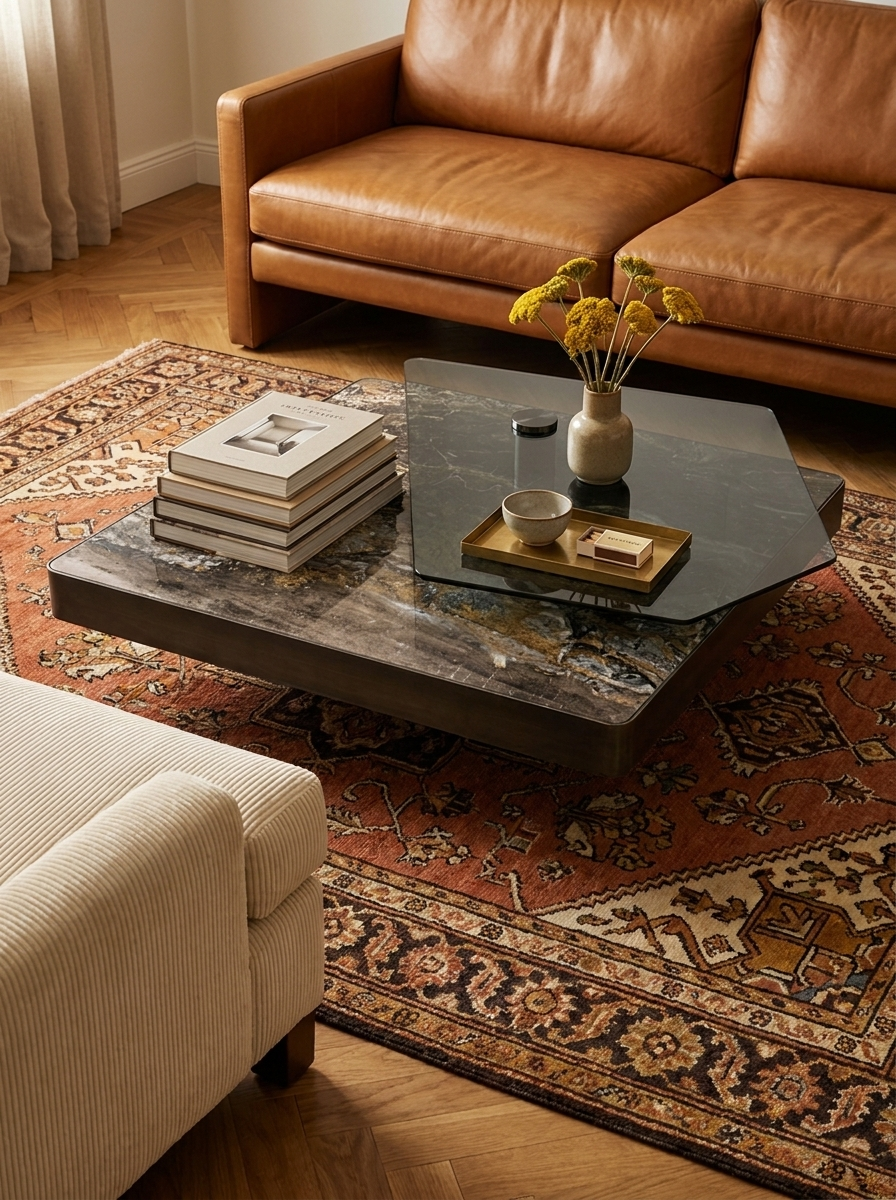 Mjoln Coffee Table, coffee table with smoked glass and marble, side view