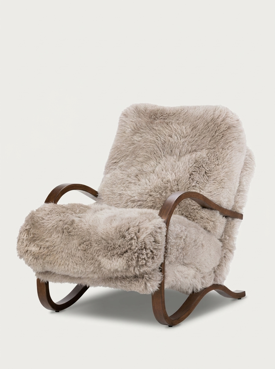 Molin lounge chair in faux fur upholstery with curved bentwood frame