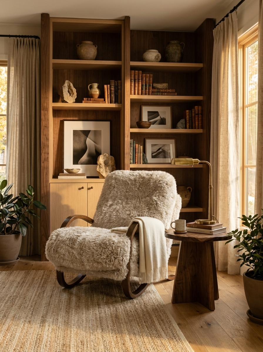 Molin lounge chair, detail view of faux fur texture