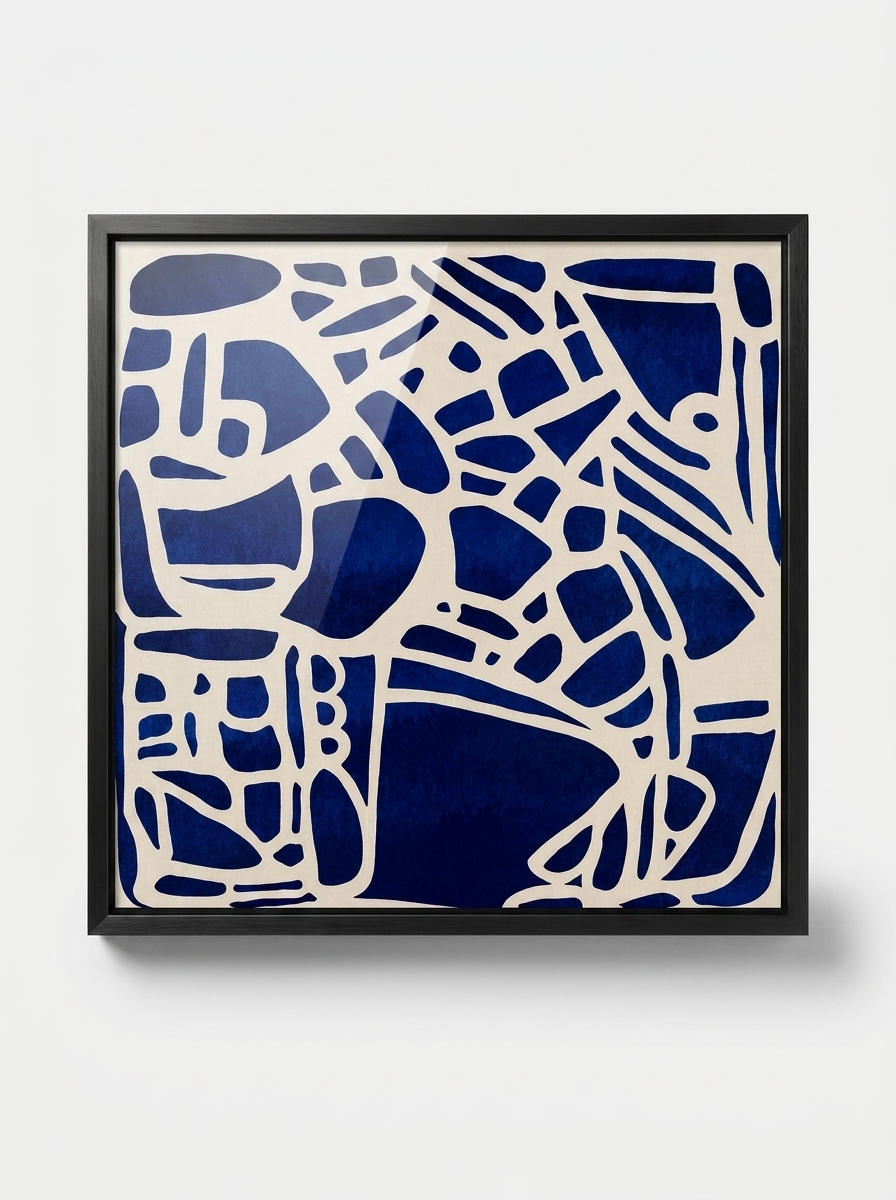 Morksnitt Wall Art, abstract artwork in deep indigo blue and cream with brushed black titanium frame