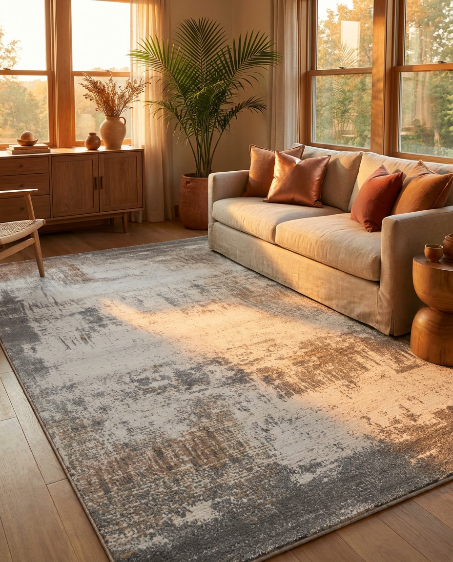 Moss Organic Pebble Rug in Misted Slate, styled in a living room with beige sofa