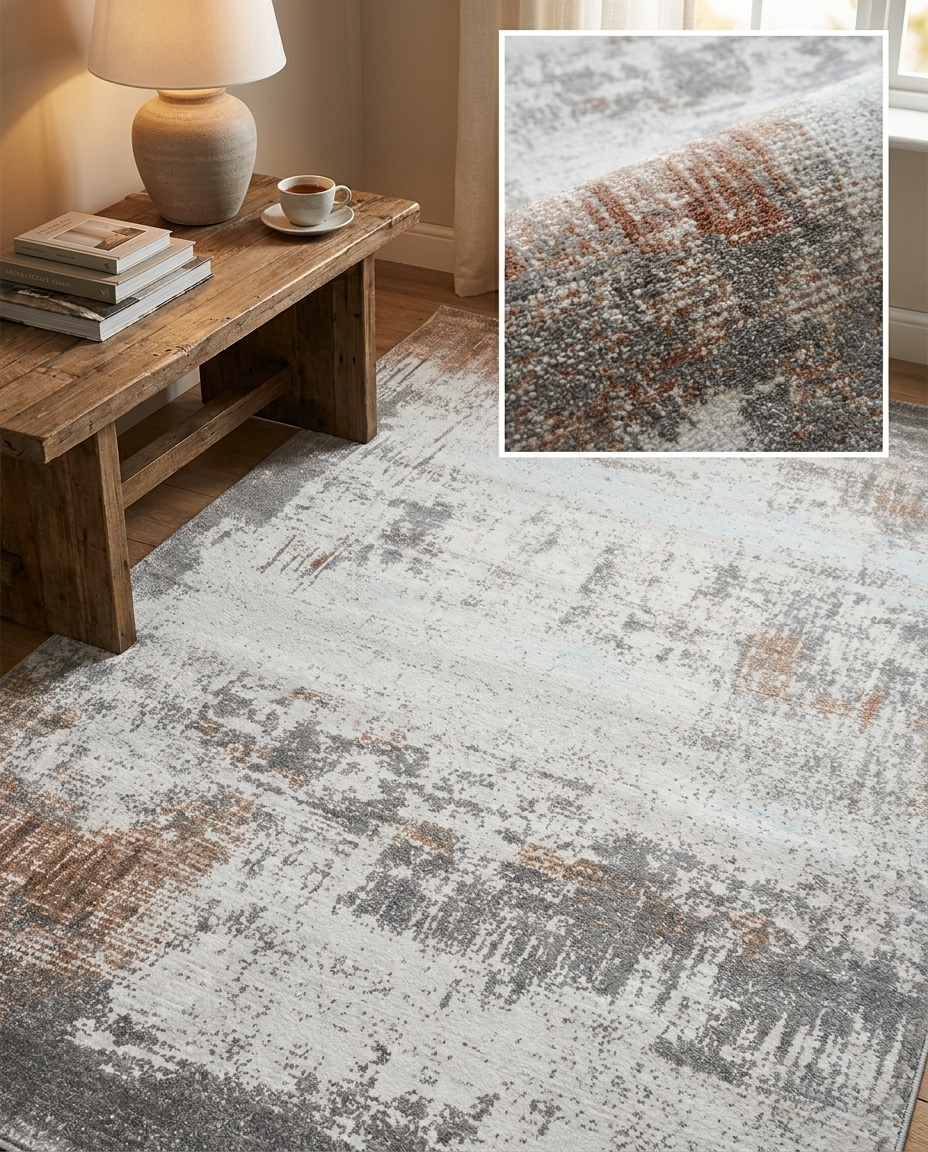 Moss Organic Pebble Rug in Misted Slate, styled in a room with wooden bench