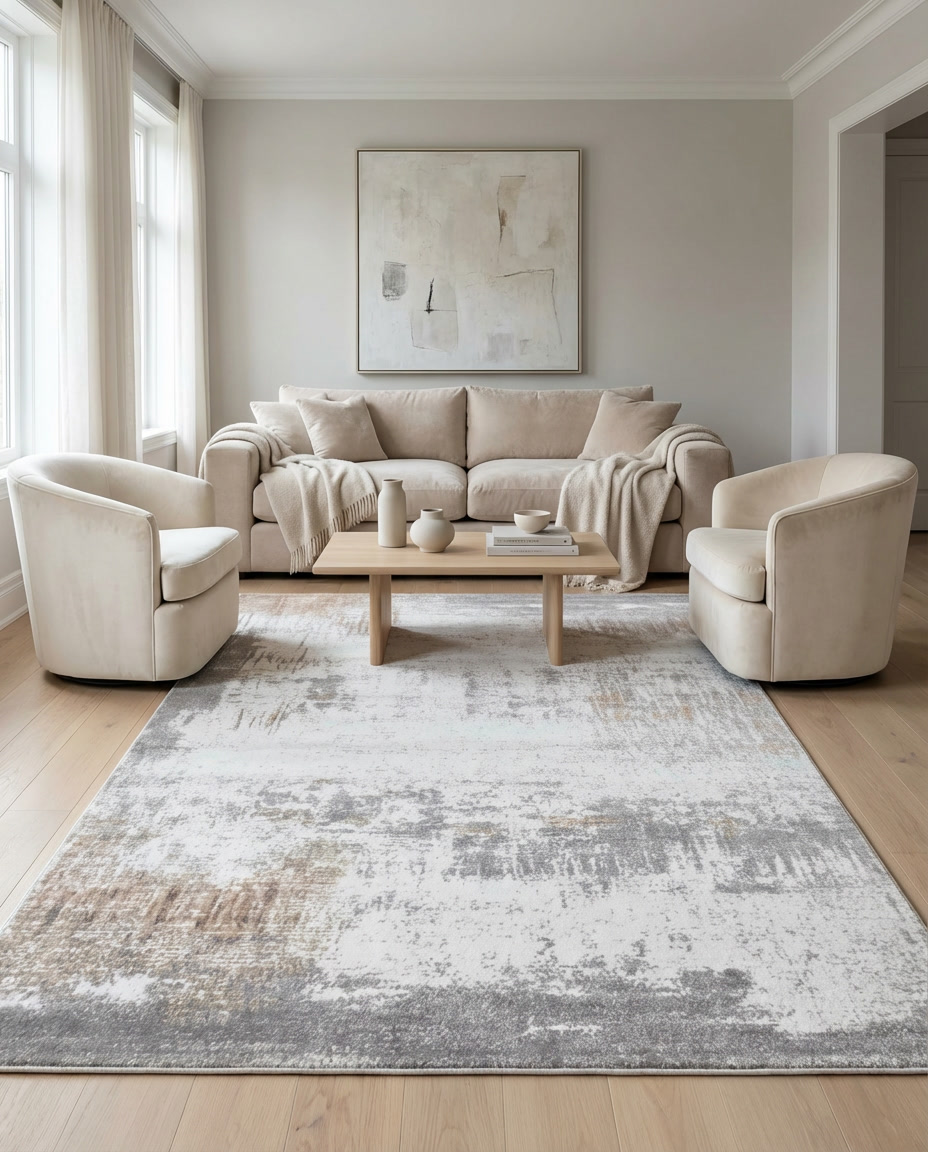 Moss Organic Pebble Rug in Misted Slate, styled in a modern living room with beige sofa