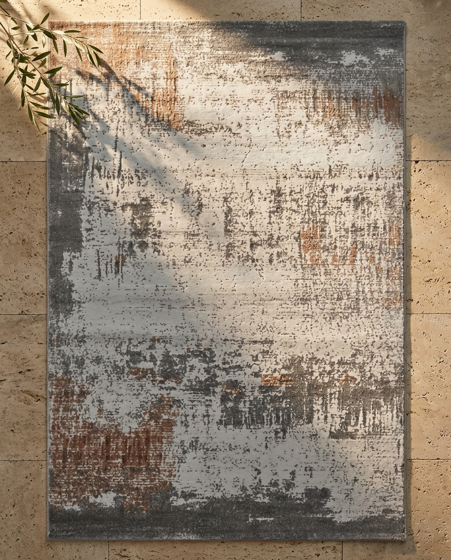 Moss Organic Pebble Rug in Misted Slate, styled on a stone floor