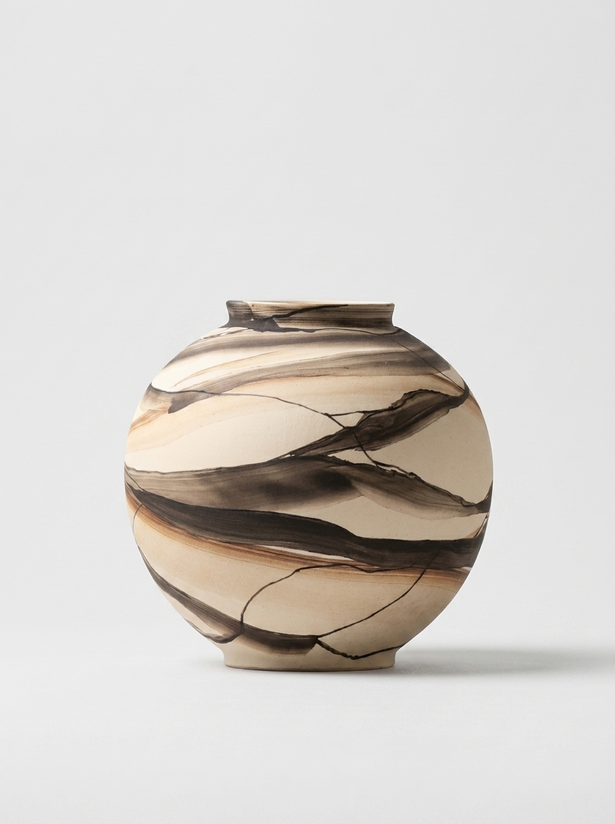 Myra Vase, ceramic vase with hand-painted marbled glaze in charcoal and amber tones
