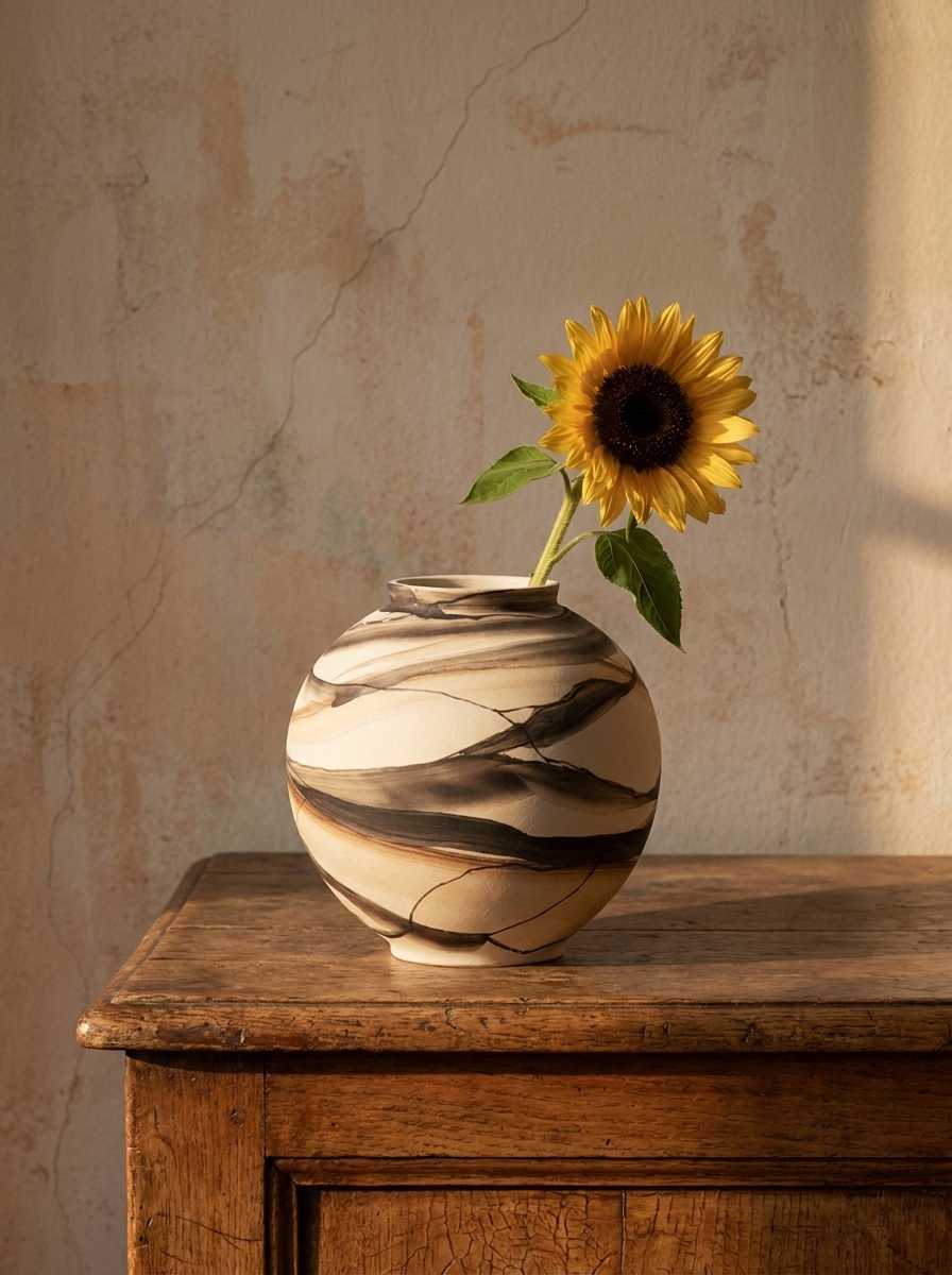 Myra Vase, ceramic vase with marbled charcoal and amber glaze, alternate view
