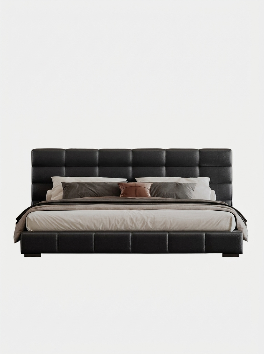Natt Bed, bed in full-grain Italian leather with bread-block quilted headboard