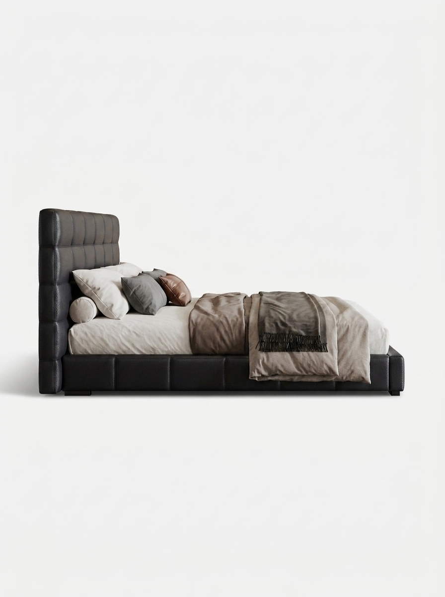 Natt Bed, bread-block quilted leather headboard, close-up view