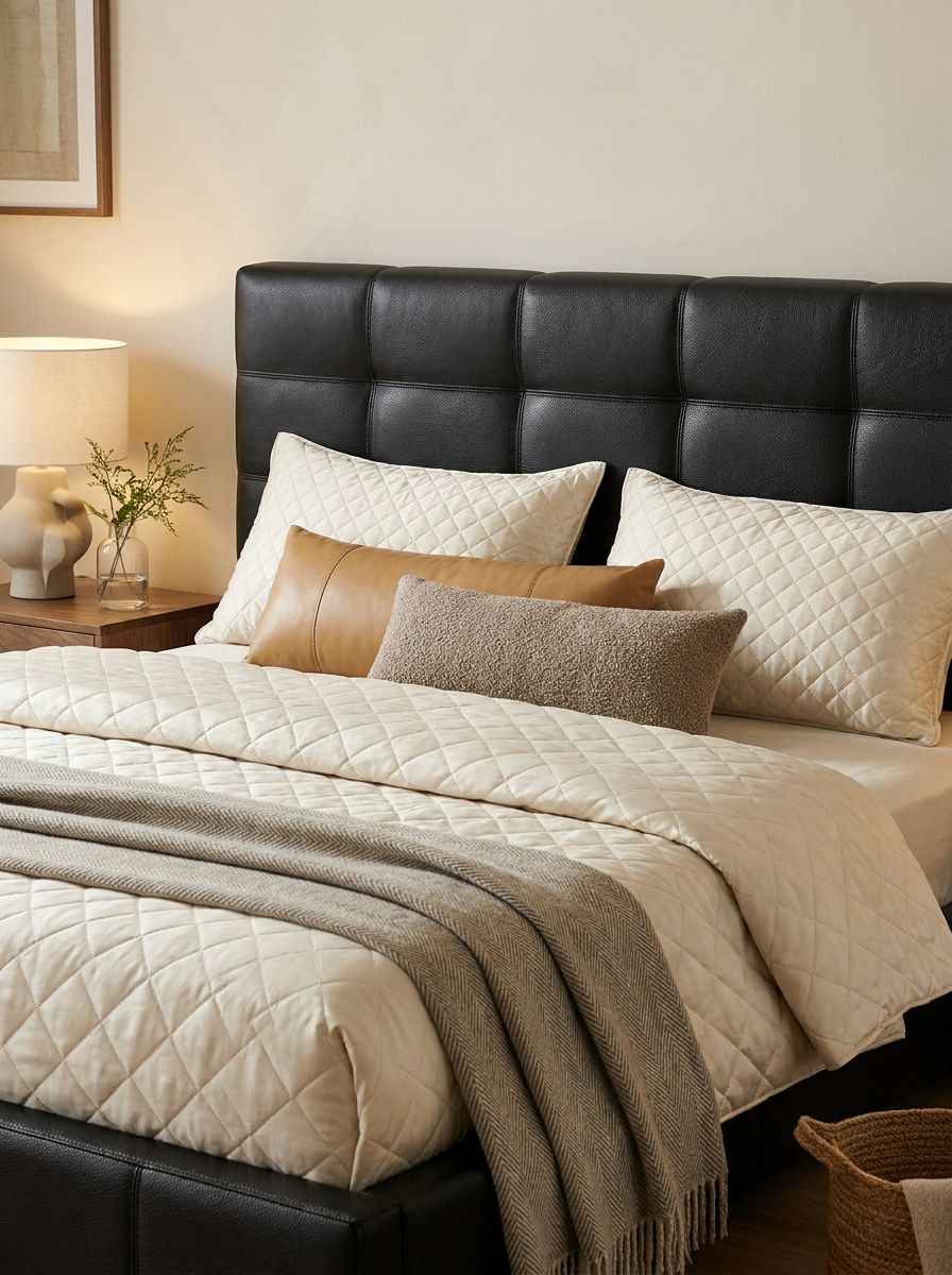 Natt Bed, leather bed frame, side view
