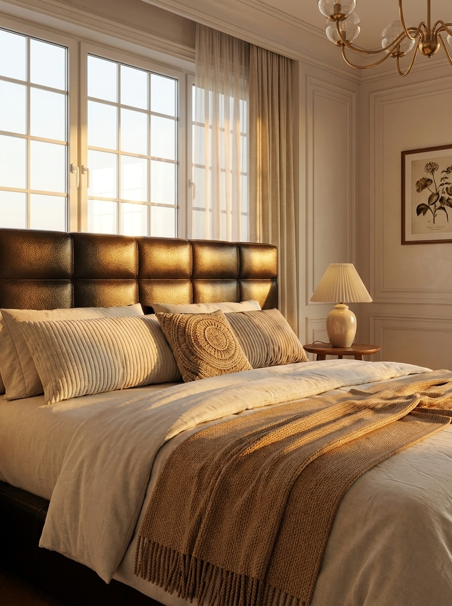 Natt Bed, bed in full-grain Italian leather, back view