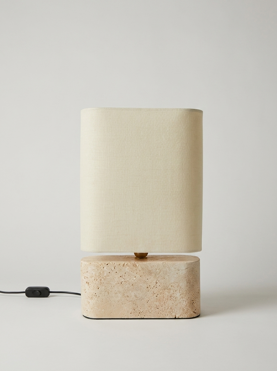 Naturben table lamp with pale travertine base and cream linen shade
