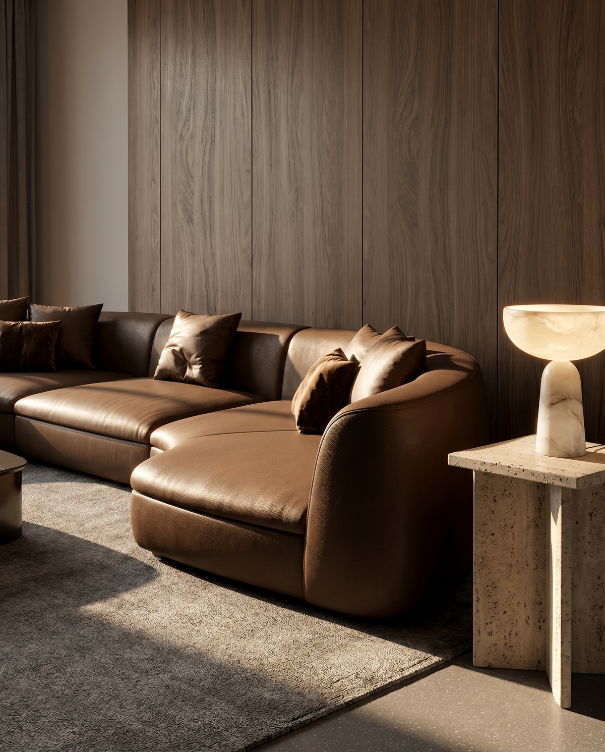 Nohr Curved Sofa in Desert Skin, styled in a modern living room with wooden walls