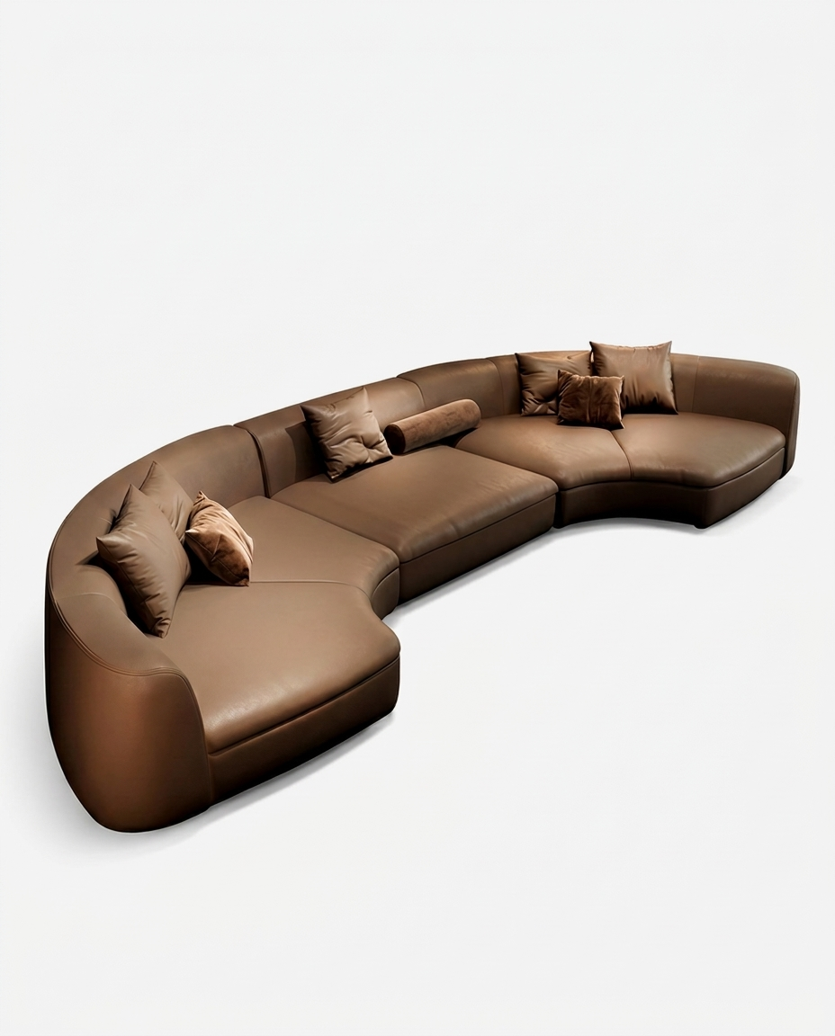 Nohr Curved Sofa in Desert Skin, angled view of curved sectional
