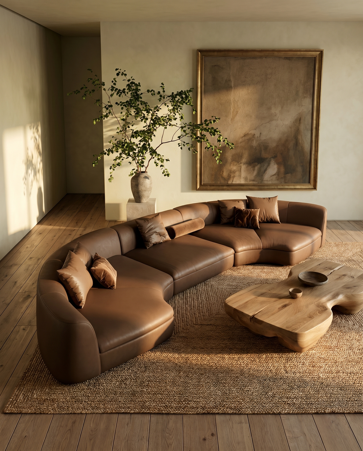 Nohr Curved Sofa in Desert Skin, styled in a living room with wooden coffee table
