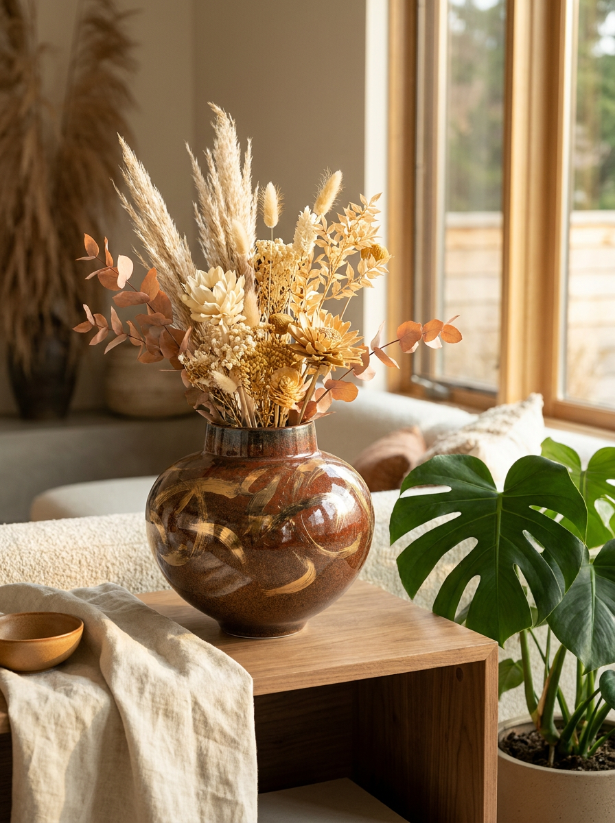 Orvin ceramic vase styled on a shelf, brown and gold ceramic