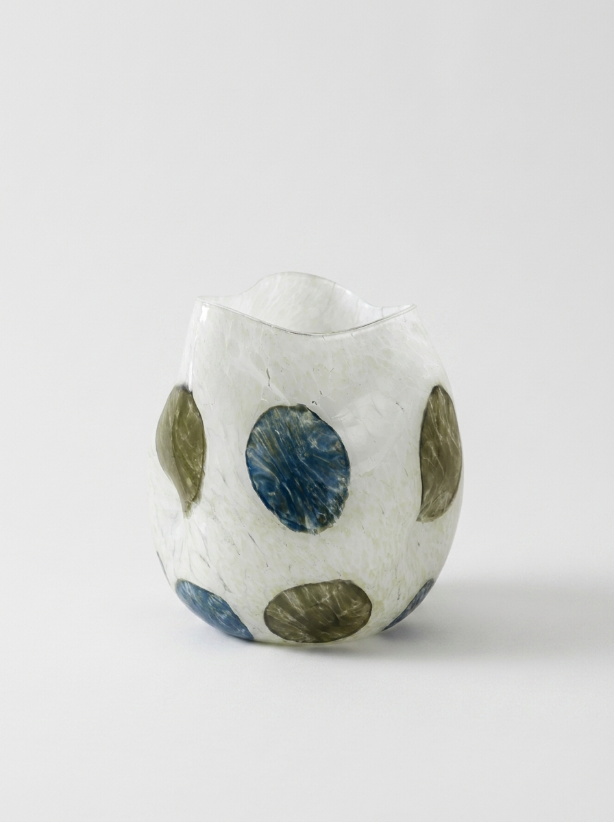Pola Frosted Vase, frosted glass vase with a blue and olive-green pattern
