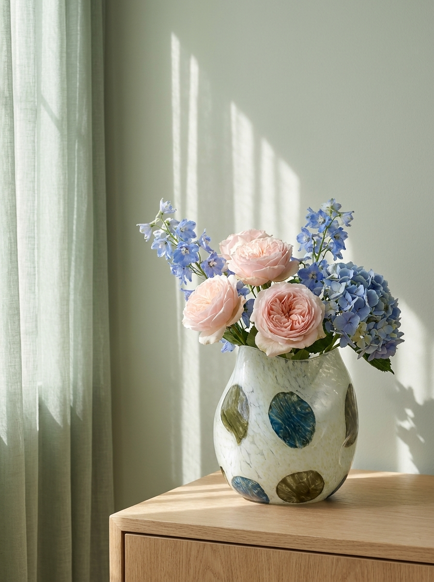 Pola Frosted Vase, frosted glass vase with blue and olive-green pattern, alternate view