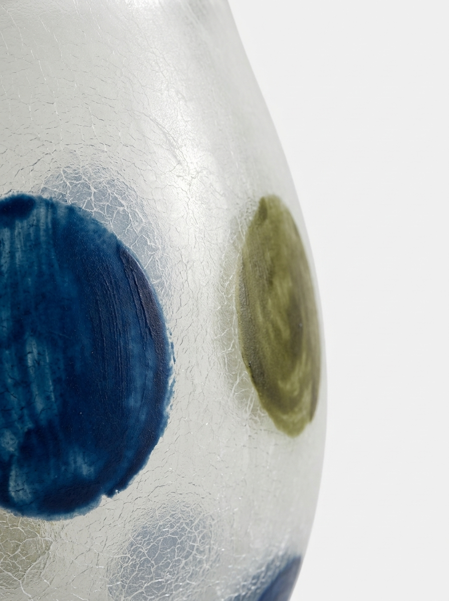 Pola Frosted Vase, close-up of blue and olive-green pattern on frosted glass