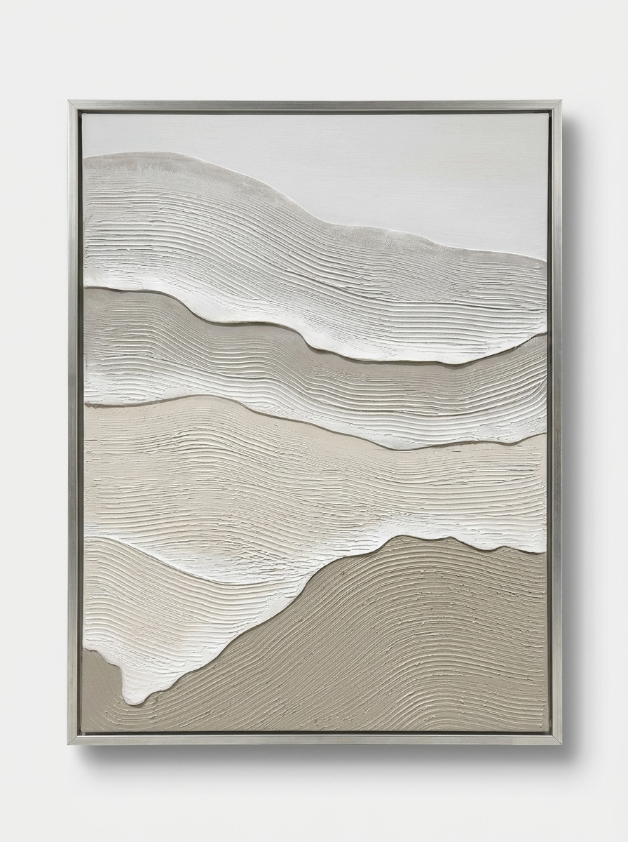 Rand Canvas, hand-painted horizontal brushstroke artwork in cream, beige and light grey with brushed champagne aluminum frame
