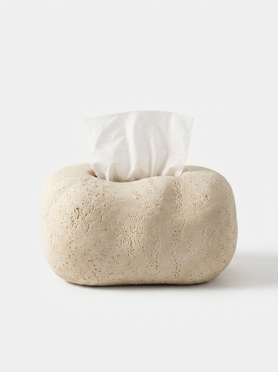 Roven Tissue Box, tissue box in engineered travertine composite with pebble-inspired shape