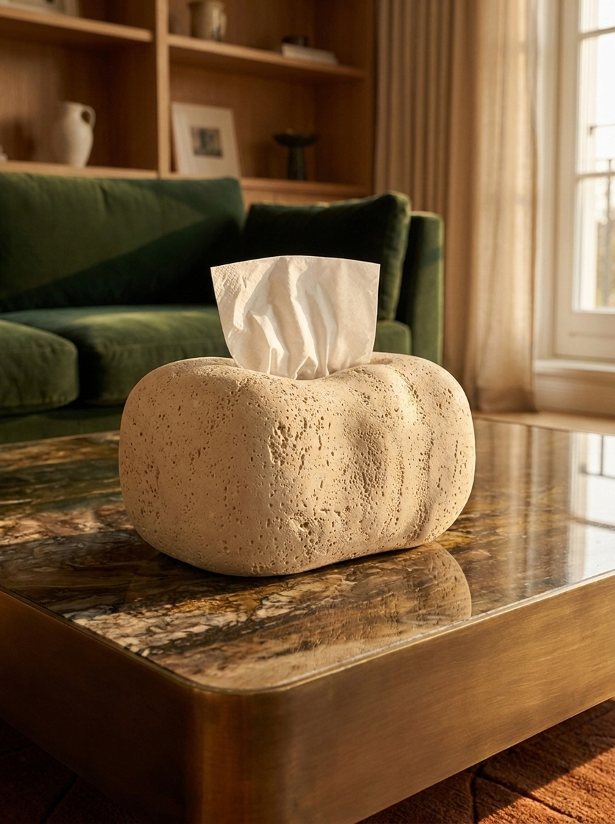 Roven Tissue Box, travertine composite tissue box, front view