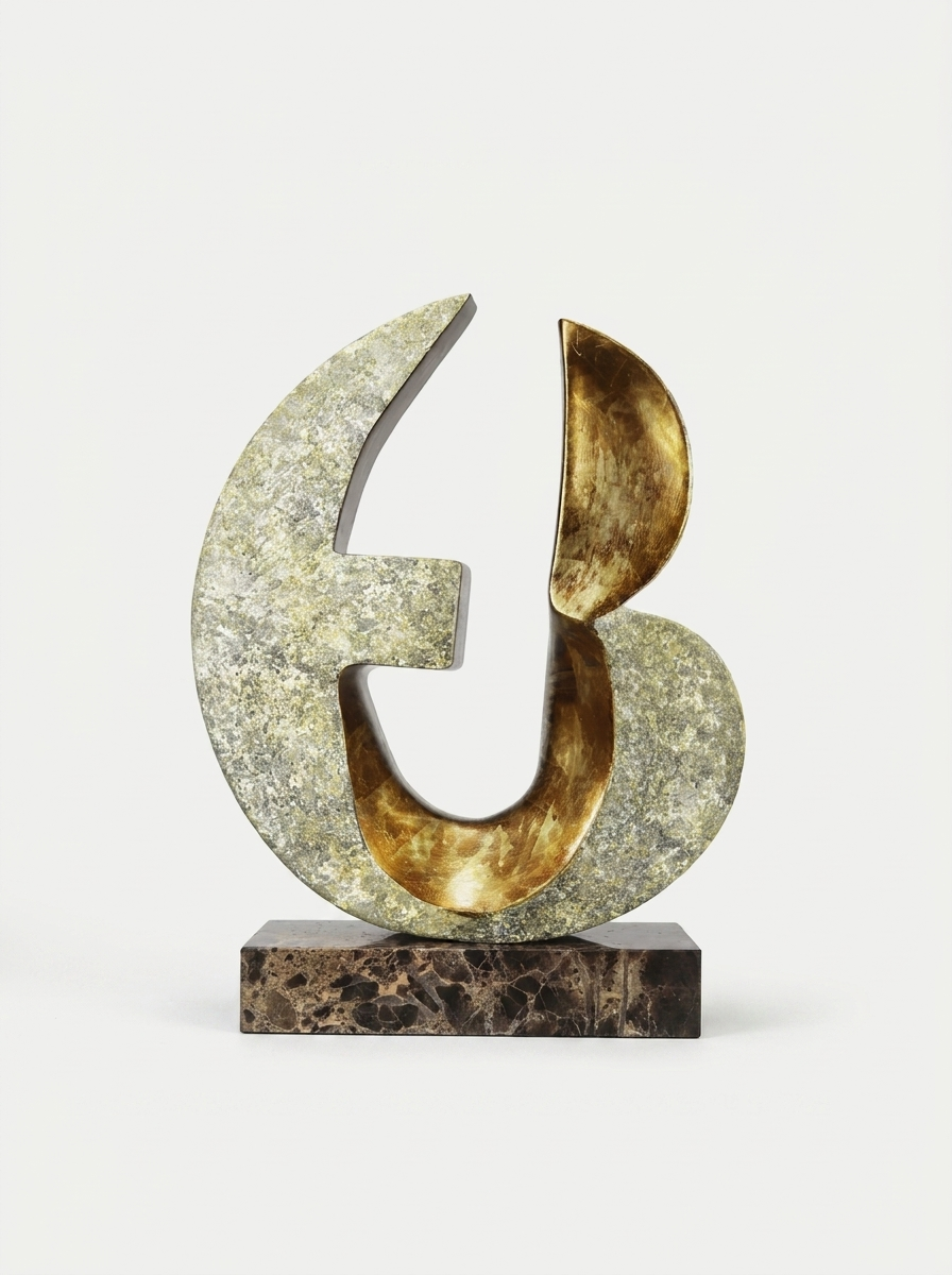 Runa Sculpture, sculpture in engineered stone with gold leaf interior and marble base