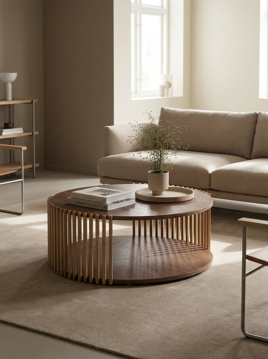 Rune Coffee Table in Natural Walnut, styled in a living room with beige sofa