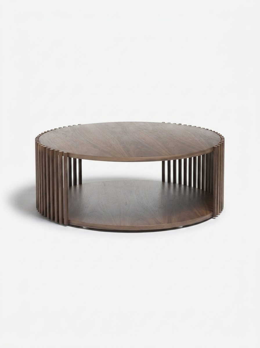 Rune Coffee Table, round walnut top coffee table with oak slat base