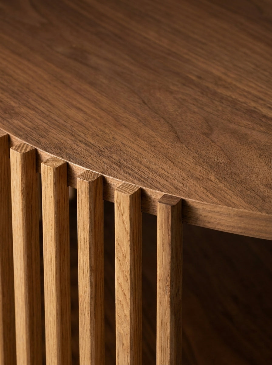 Rune Coffee Table, close-up of oak slat frame and lower shelf