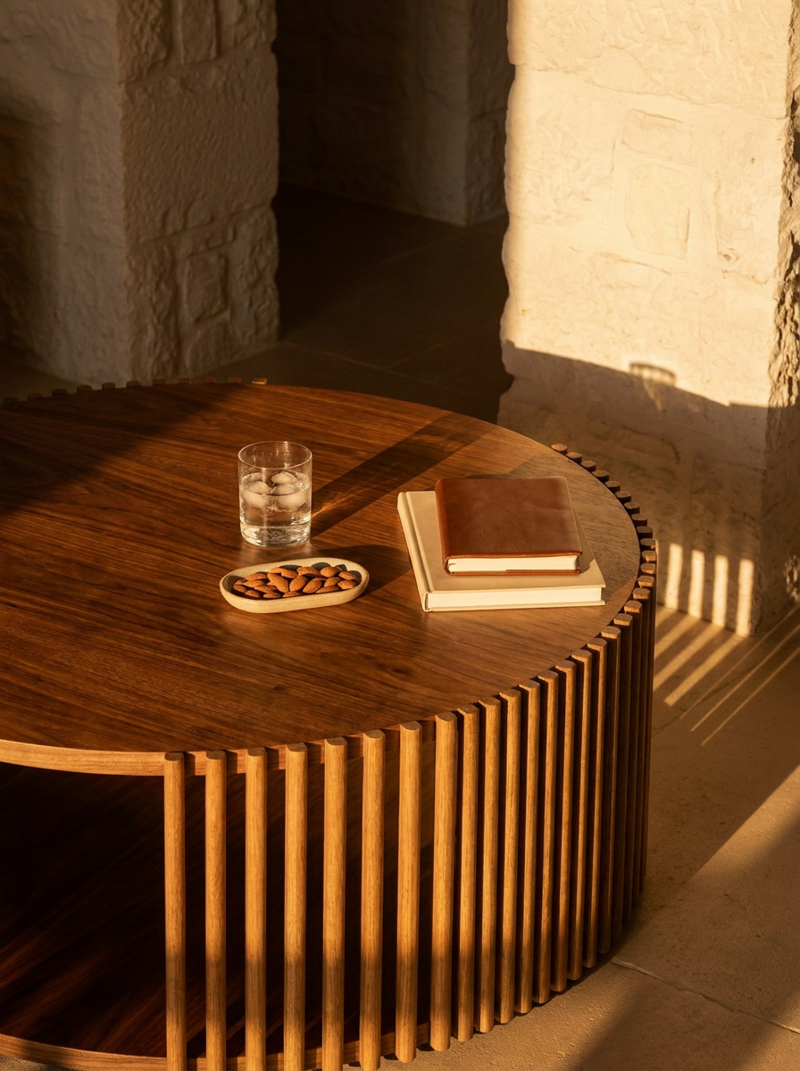 Rune Coffee Table in Natural Walnut, styled in a softly lit room with books