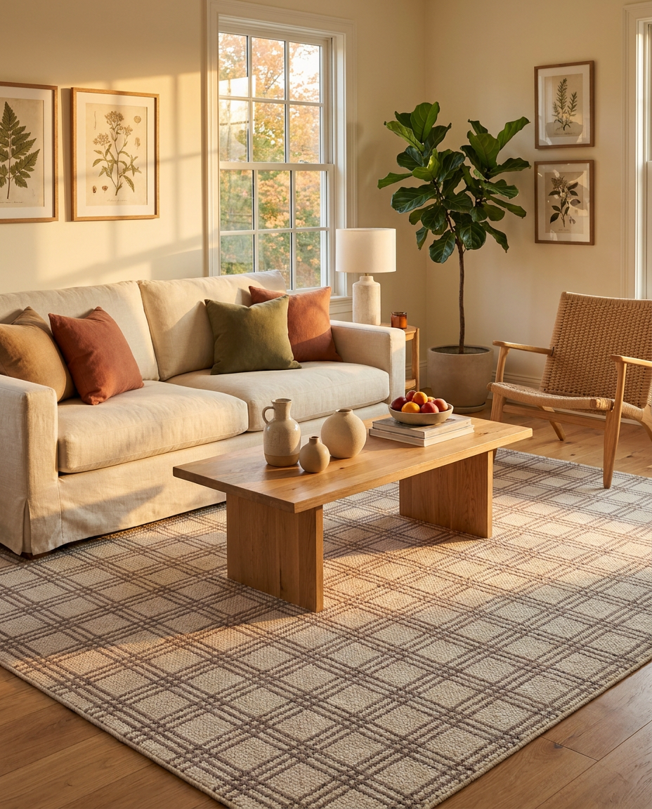 Ruta Plaid Rug in Ivory, styled in a living room with beige sofa and wooden coffee table