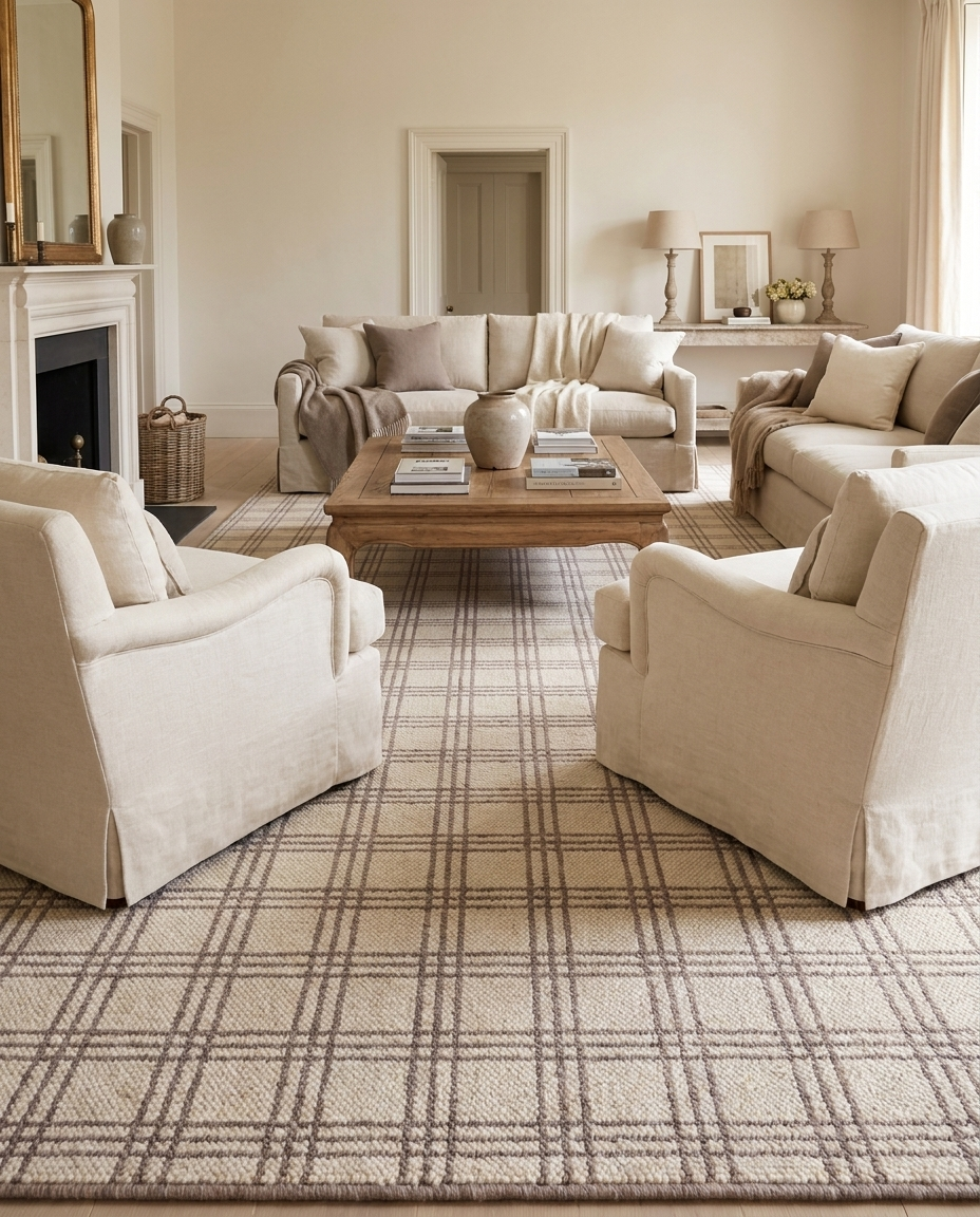 Ruta Plaid Rug in Ivory, styled in a living room with beige sofas and coffee table