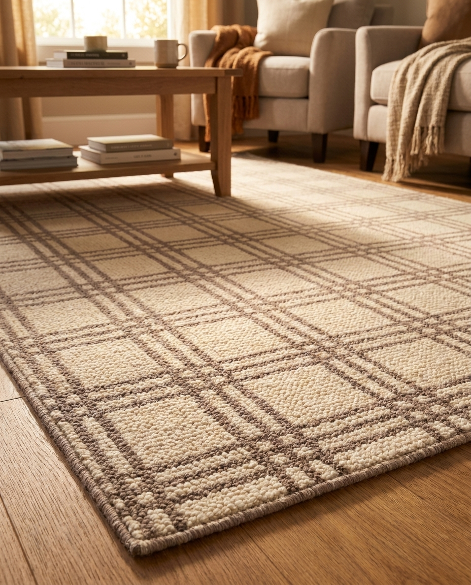 Ruta Plaid Rug in Ivory, styled with couch and coffee table