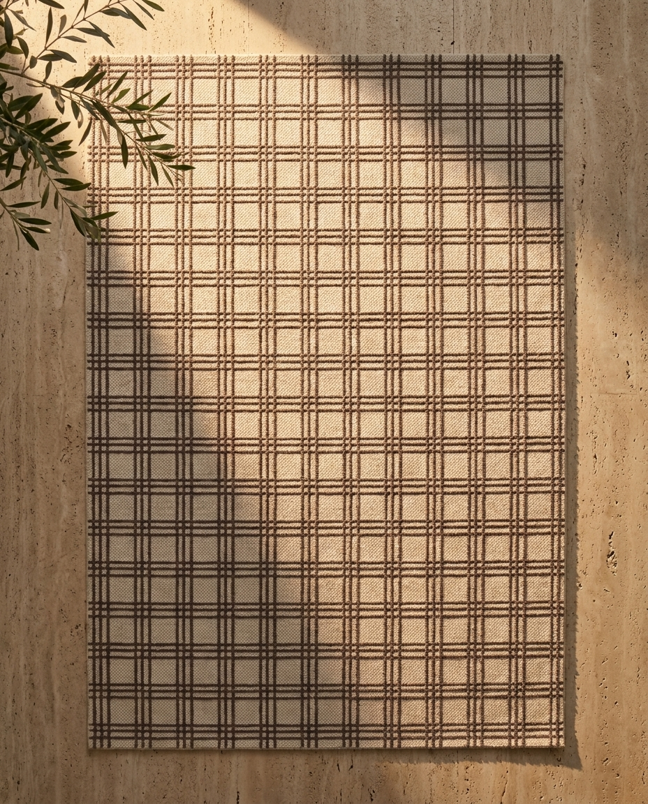 Ruta Plaid Rug in Ivory, wall-mounted view of plaid pattern