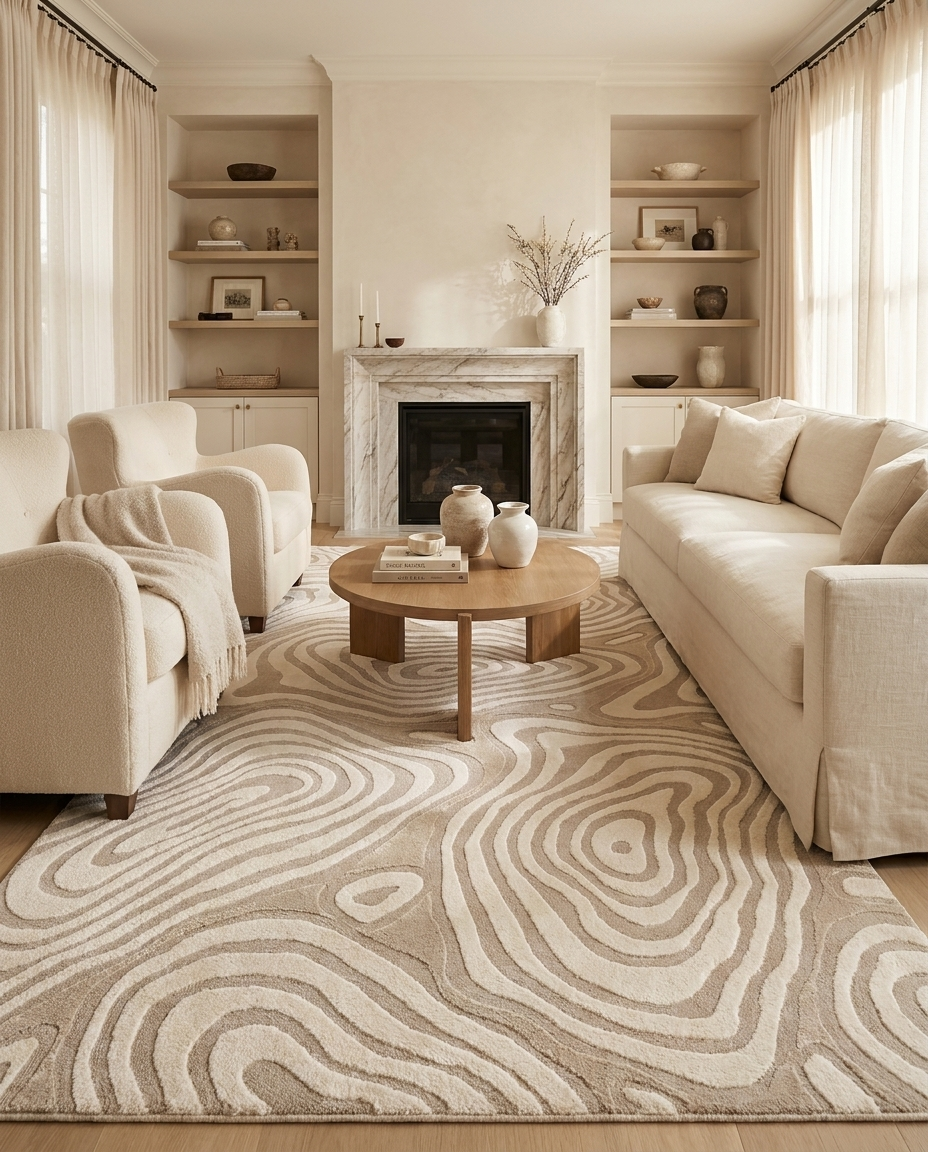 Saga Topographic Relief Rug in Silica Sand, styled in a living room with sofa and fireplace