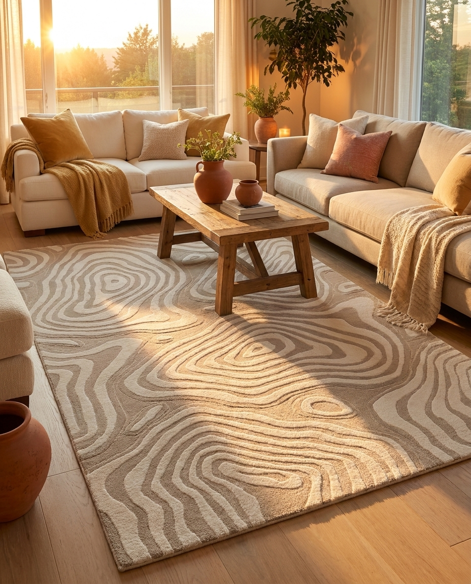 Saga Topographic Relief Rug in Silica Sand, styled with beige sofas and wooden coffee table