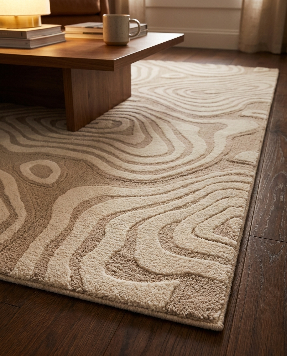 Saga Topographic Relief Rug in Silica Sand, styled on a wooden floor with coffee table