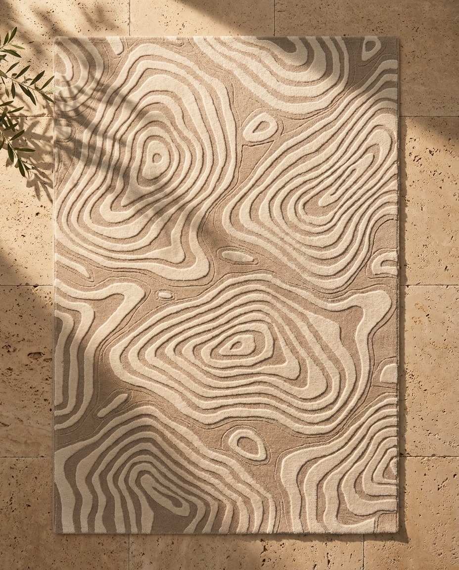 Saga Topographic Relief Rug in Silica Sand, styled on stone floor
