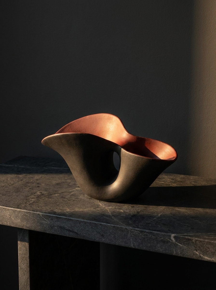 Skal Ceramic Vessel, matte black ceramic vessel with oxblood-red interior, alternate view