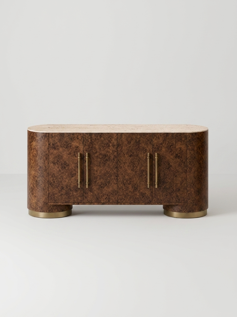 Skap sideboard with travertine-inspired ceramic top and elm burl veneer
