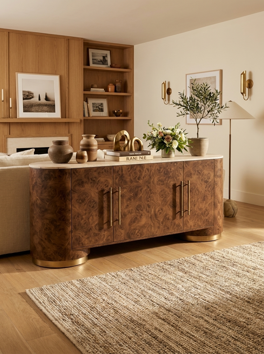 Skap sideboard, detail view of elm burl veneer doors