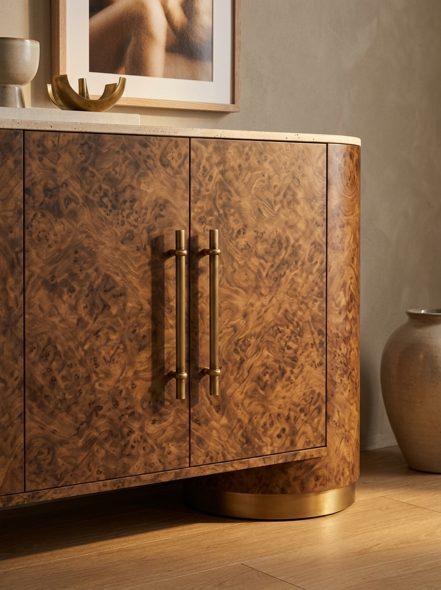 Skap sideboard, close-up of brushed bronze hardware