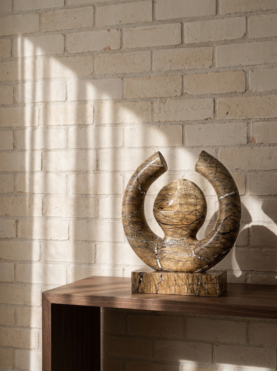 Sola Sculpture, marble sculpture with circular open silhouette, alternate angle
