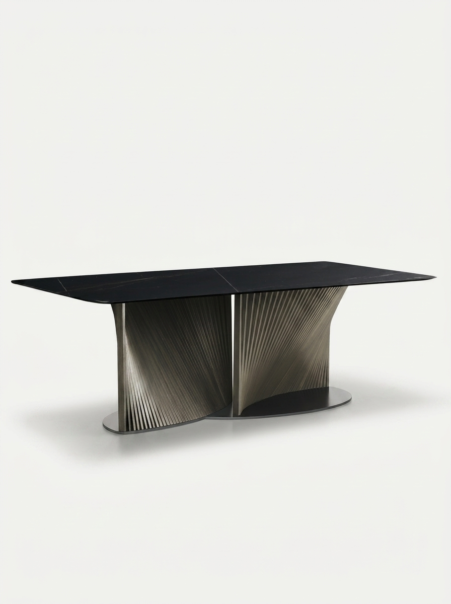 Soren Dining Table in Midnight Marble, honed marble top with fluted stainless steel base