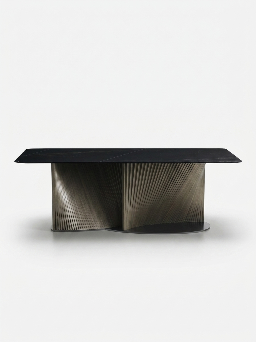 Soren Dining Table in Midnight Marble, alternate view of fluted pedestal base