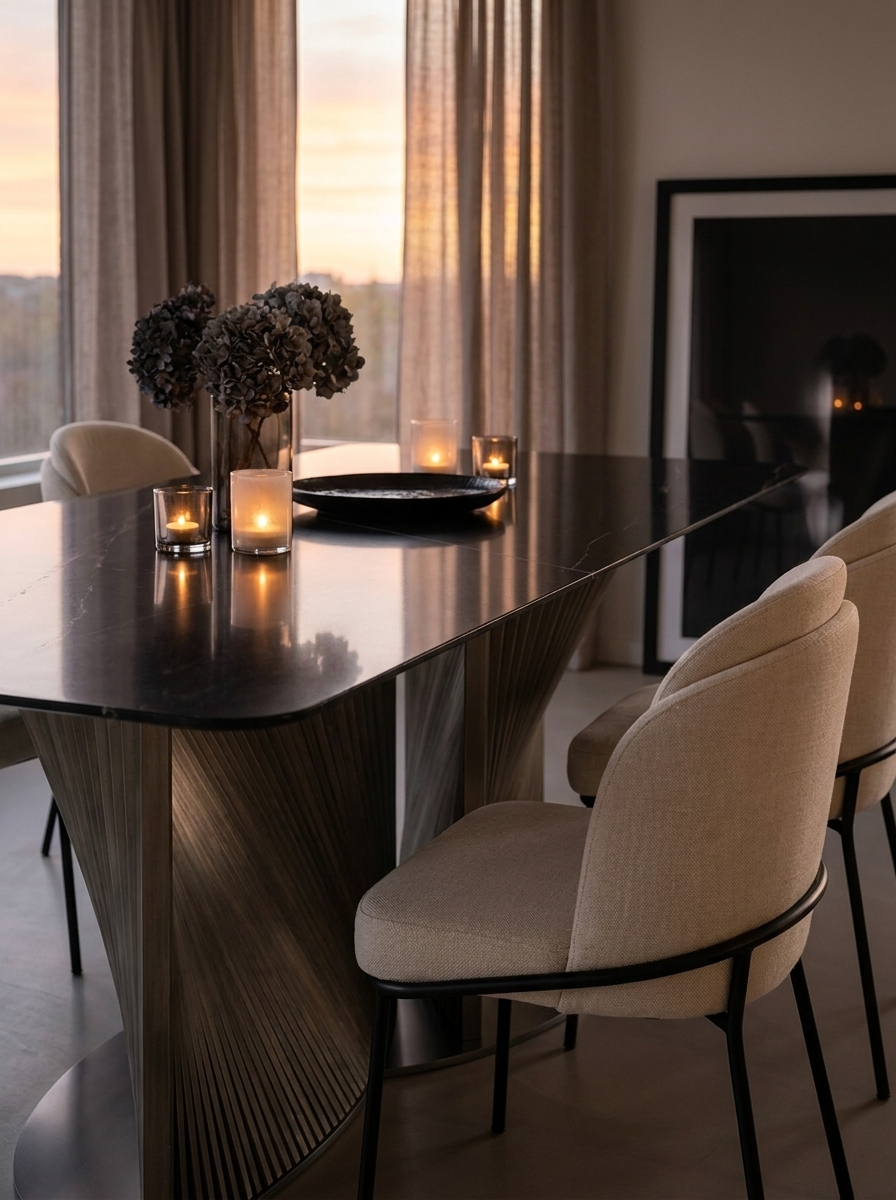 Soren Dining Table in Midnight Marble, styled in a dining room with beige chairs and candles